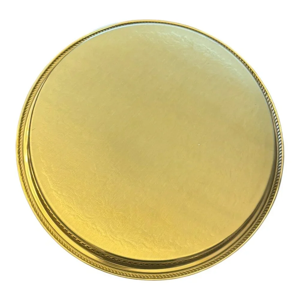 Vintage Ornate Gold-Plated Brass Round Tray 13" Serving Platter W Filigree Sides - Picture 4 of 8